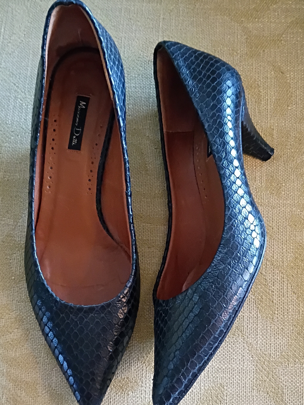 Massimo Dutti Classic Black Snake-Embossed Pointed Toe Kitten Heel Pumps Sz 39/8